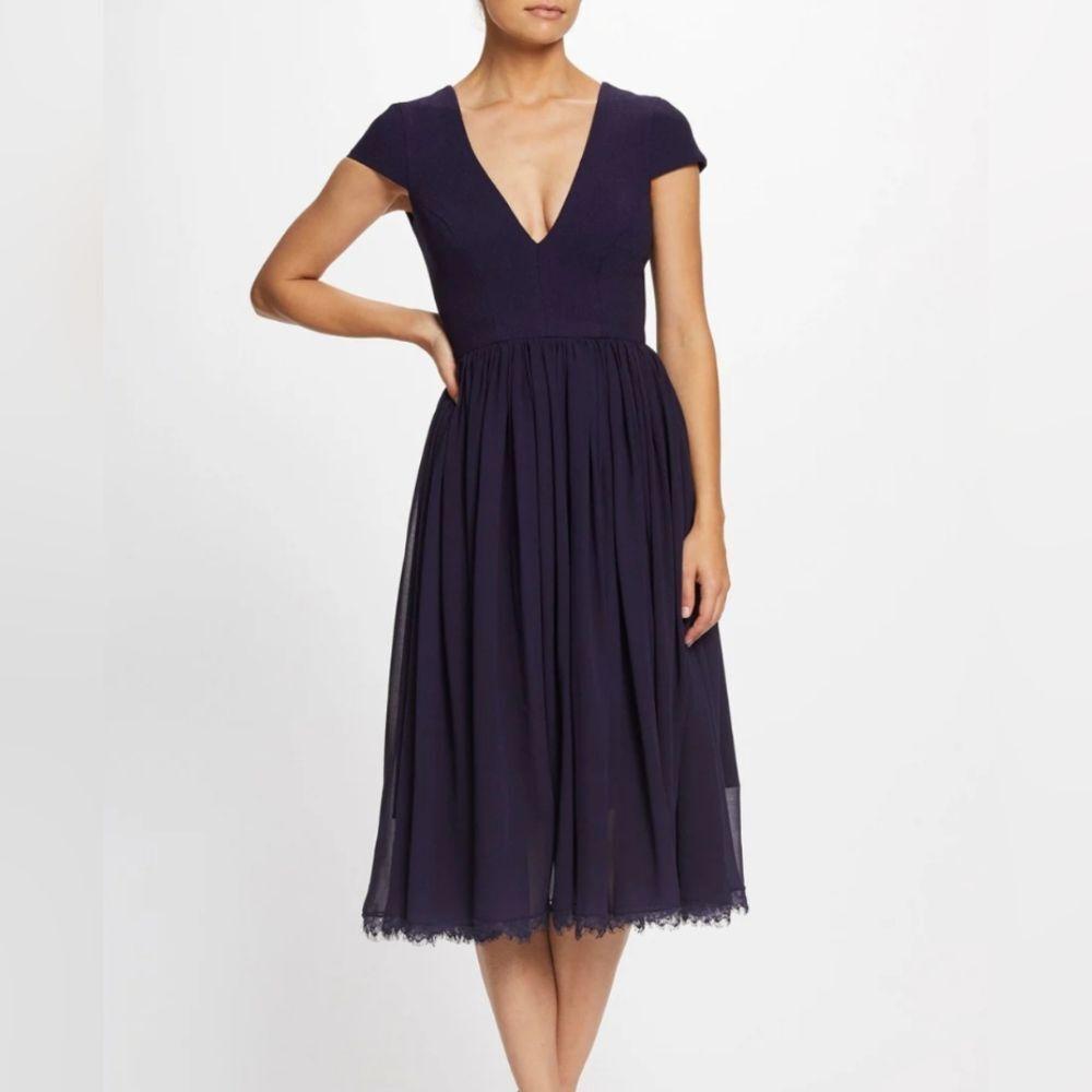 Dress the Population Corey Dress Boysenberry Navy Blue Cap Sleeve Lace XS NWT